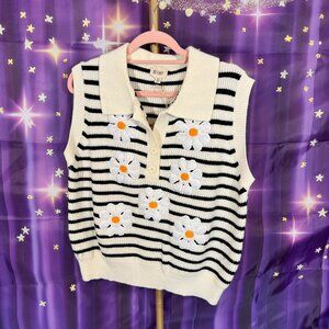 BiBi - Sweater Vest with Collar and Daisy Patchwork - White, Black  - XL - NWT